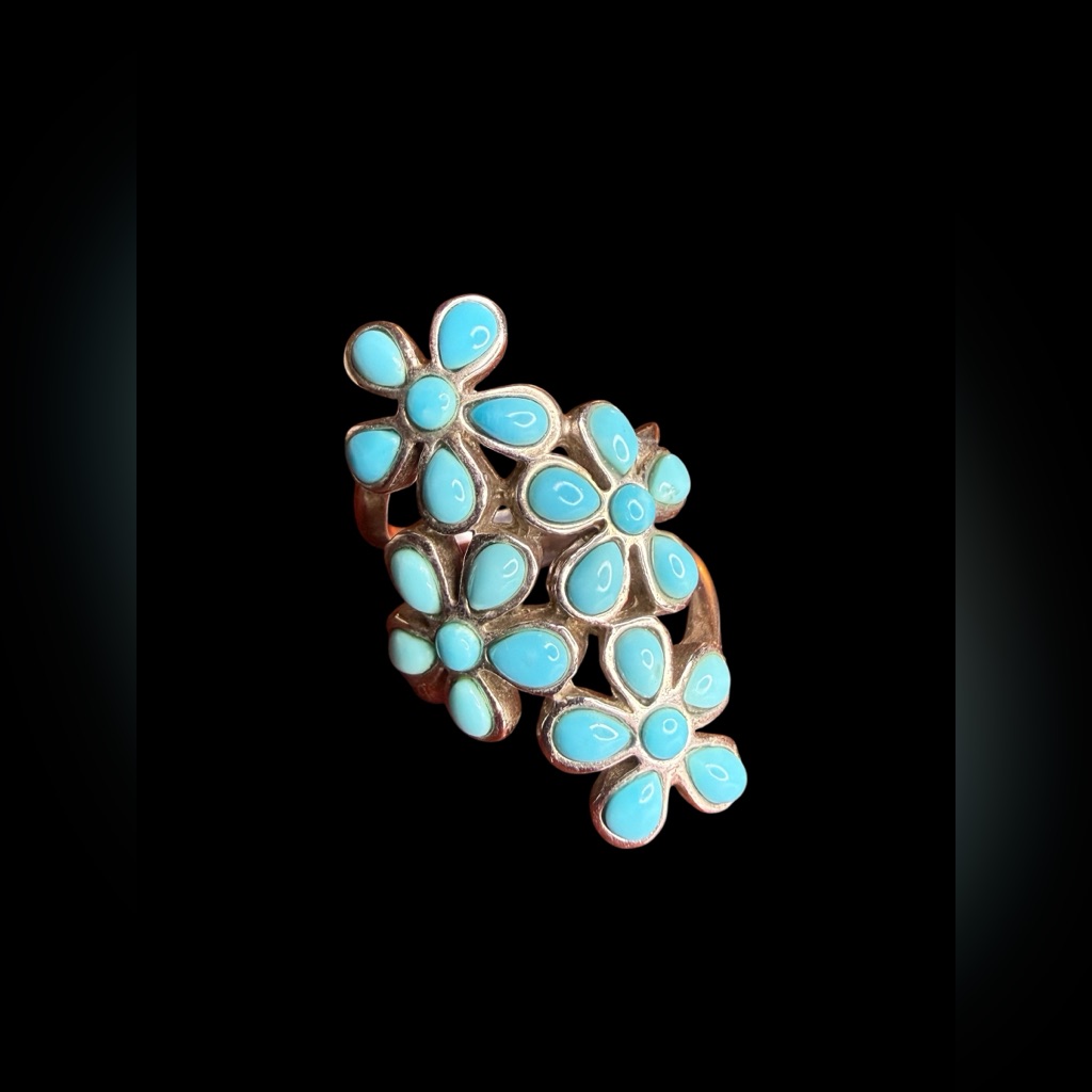 Sterling Silver Turquoise Flower Cluster Ring Cfj Thailand Size 5.75
